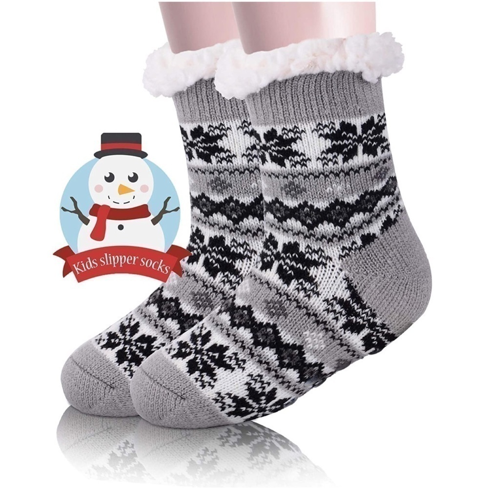 Redstar Unisex Kids Slipper Socks Gray Black White Fair Isle Grippies Fuzzy